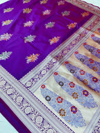 Elegant Royal Purple Mashroo Katan Banarasi Silk Saree with Multicolor Floral Zari & Designer Pallu