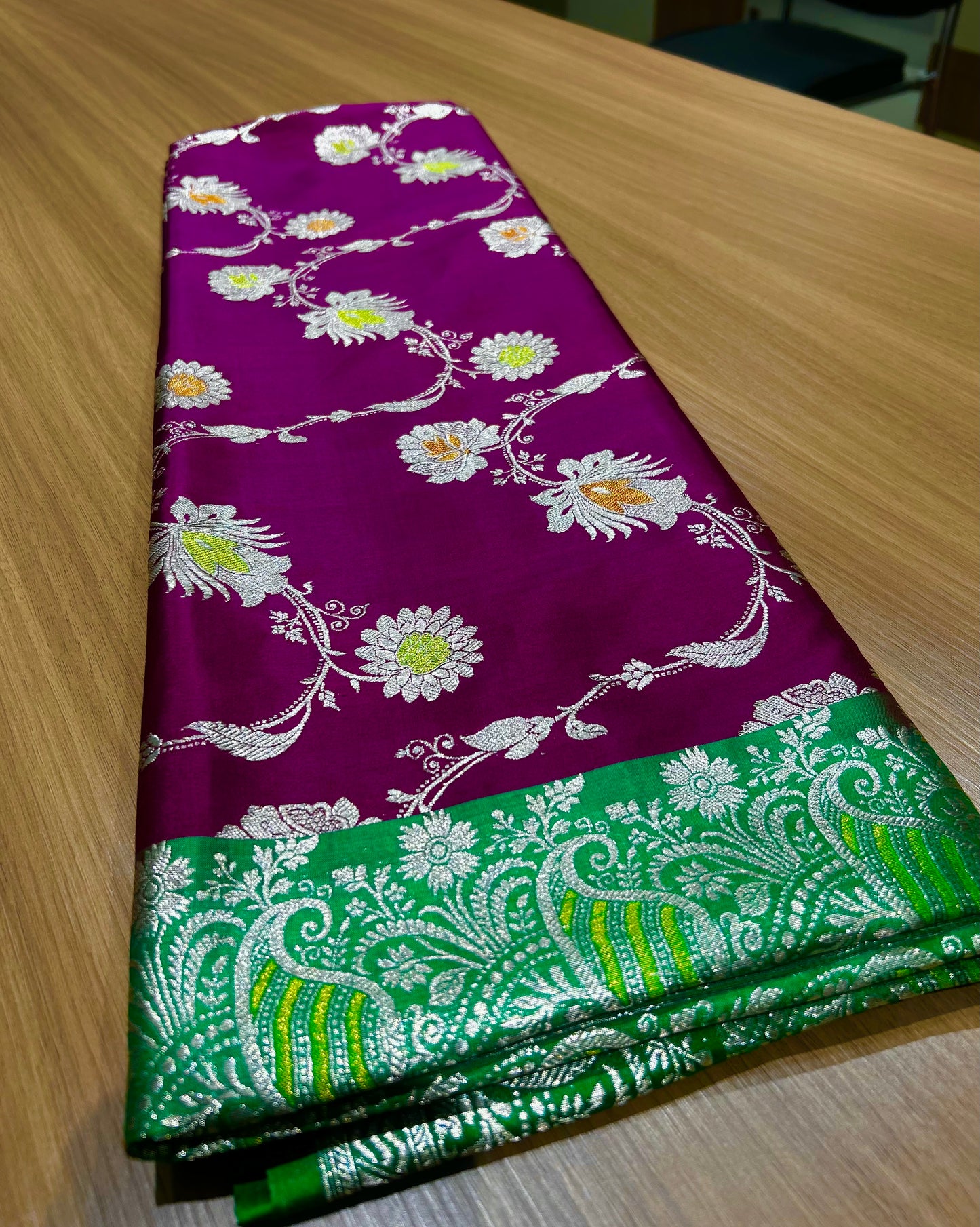 Pure Handloom Banarasi Kaduwa Saree – Wine Purple with Silver Zari & Emerald Green Border