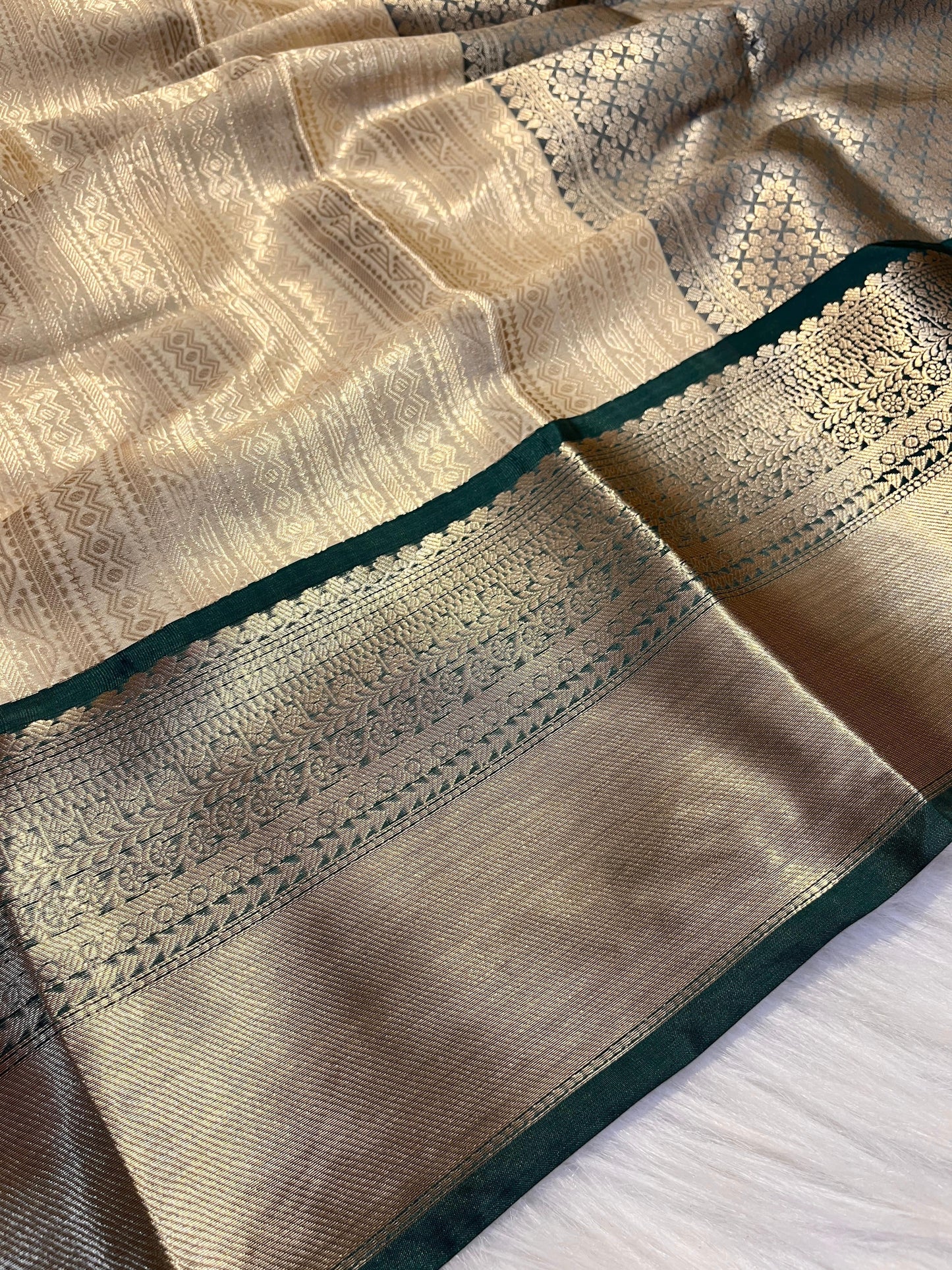 Golden Banarasi Semi Silk Saree with Green Contrast Border