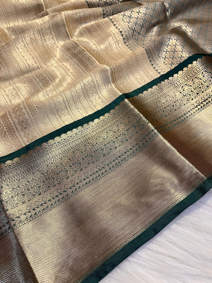 Golden Banarasi Semi Silk Saree with Green Contrast Border