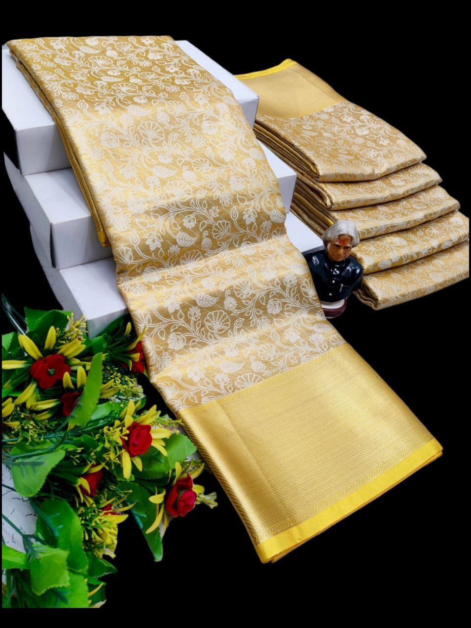 A Stunning Golden Colour Banarasi Tissue Saree