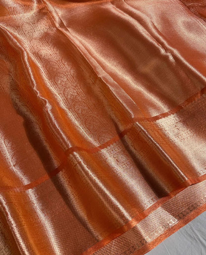 Premium Orange Glass Tissue Banarasi Saree with Brocade Pallu & Blouse