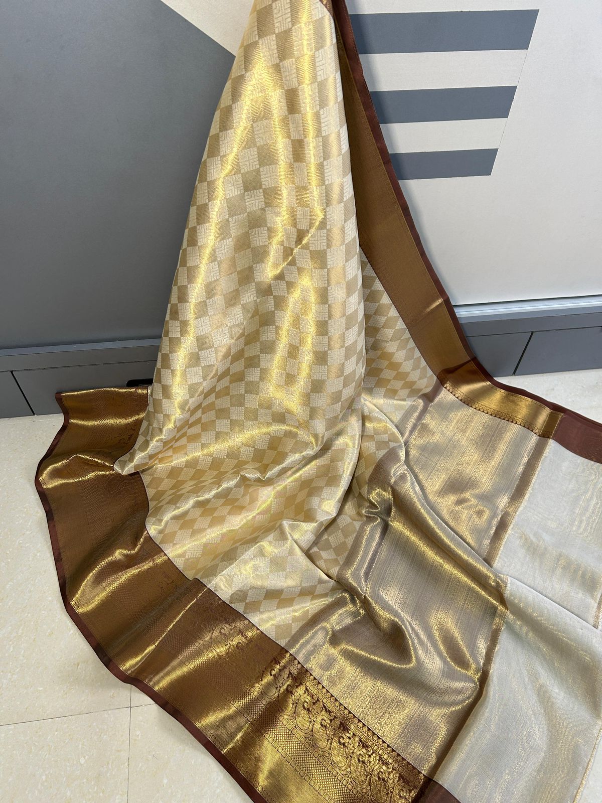 Golden Banarasi Katan Semi Silk Saree – Pooja Hegde Inspired Elegance