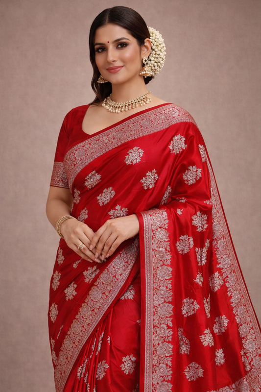 Red Mashroo Katan Silk Banarasi Saree | Handwoven Silver Zari | Festive Luxury
