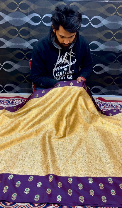 Premium Katan Tissue Saree with Brocade Pallu & Blouse – Golden & Purple