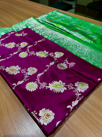 Pure Handloom Banarasi Kaduwa Saree – Wine Purple with Silver Zari & Emerald Green Border