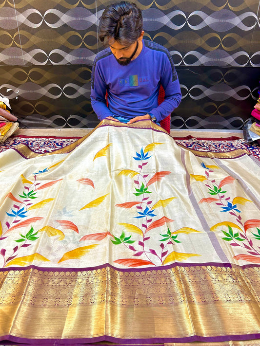 Radiant Premium Banarasi Tissue Saree with Hand Brush Print