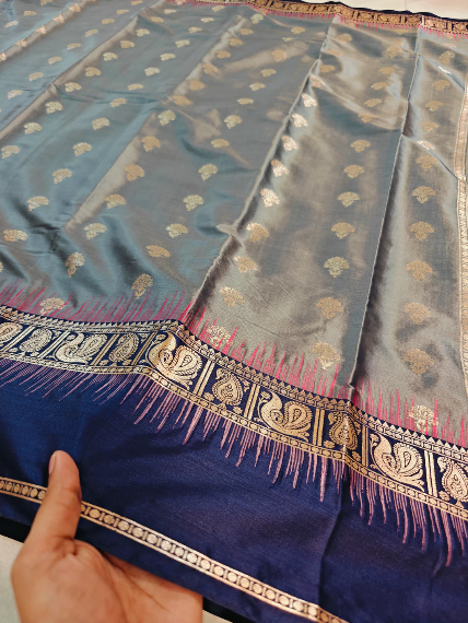Premium Steel Grey Paisley Zari Banarasi Katan Silk Saree with Royal Blue Border