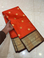 Premium Orange & Maroon Katan Silk Saree with Heavy Gold Zari Border | Elegant Banarasi Weave