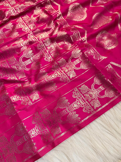 Pink Banarasi Katan Semi Silk Saree with Golden Zari Weaving
