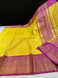 Bright Yellow Semi Katan Silk Banarasi Saree with Pink Border & Rich Zari Work | Festive Wear