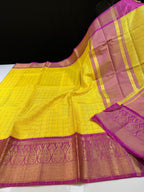 Bright Yellow Semi Katan Silk Banarasi Saree with Pink Border & Rich Zari Work | Festive Wear