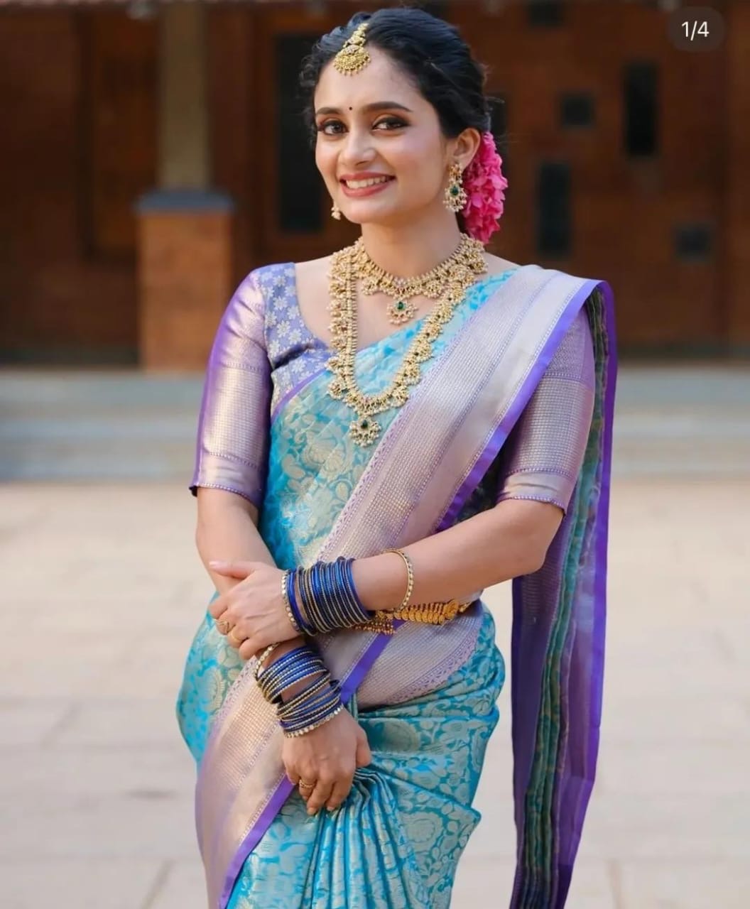 Teal Green & Purple Banarasi Tissue Silk Saree with Zari Weaving