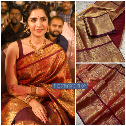 Royal Maroon Gold Banarasi Katan Semi-Silk Saree – Majestic Bridal Grandeur