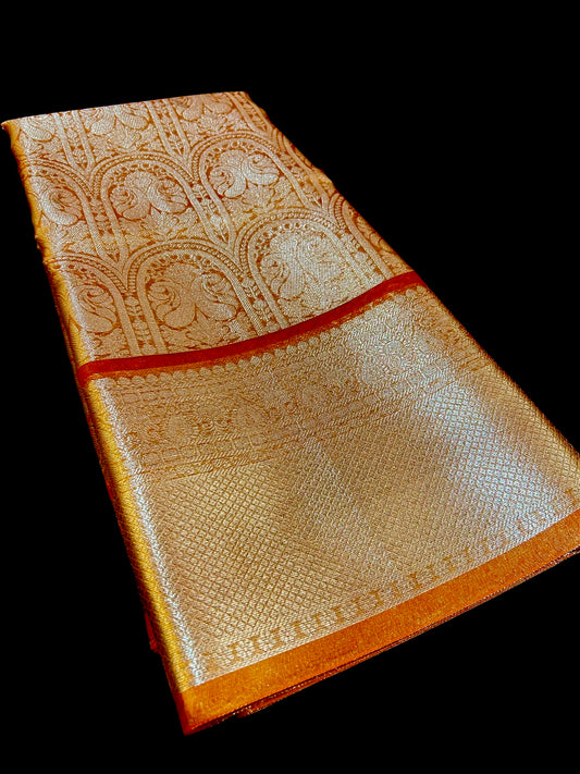 Premium Orange Glass Tissue Banarasi Saree with Brocade Pallu & Blouse
