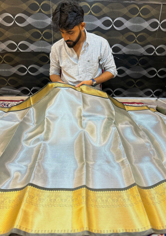 Silver Water Zari Tissue Saree with Rich Golden Border
