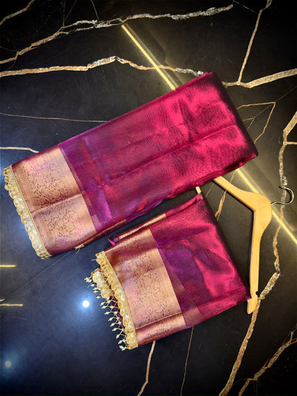 Exclusive Wine Maroon Tissue Attach Lace Work Saree
