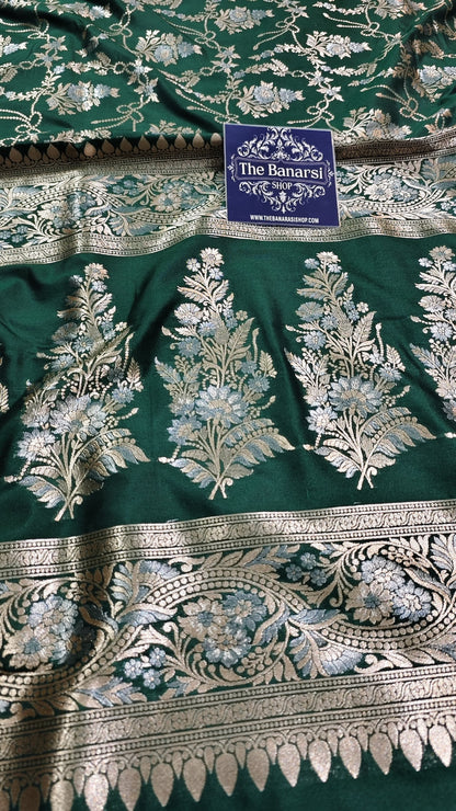 Handwoven Dark Green Katan Silk Saree with Floral Jaal Design