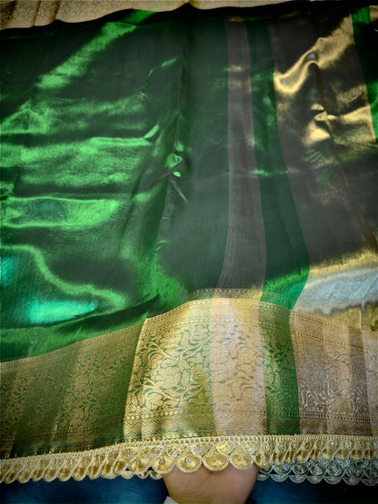 Royal Emerald Green Tissue Saree – Exclusive Attached Lace Work