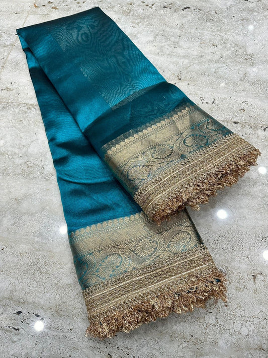 Teal Blue Banarasi Tissue Silk Saree with Zari Border With Attach Lace Work