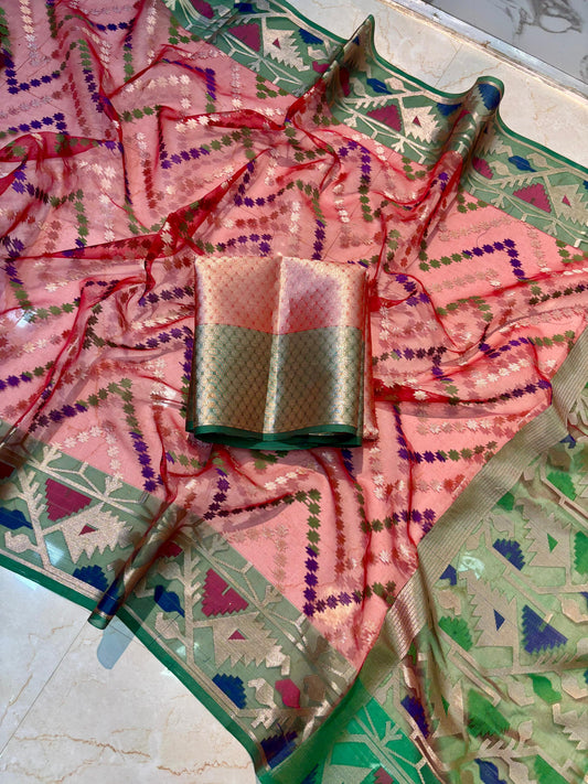 Resham Dakai Banarasi Soft Silk Meena Saree – Elegant Pink & Green Dual Tone with Rich Zari Border