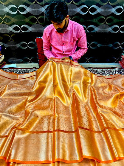 Premium Orange Glass Tissue Banarasi Saree with Brocade Pallu & Blouse