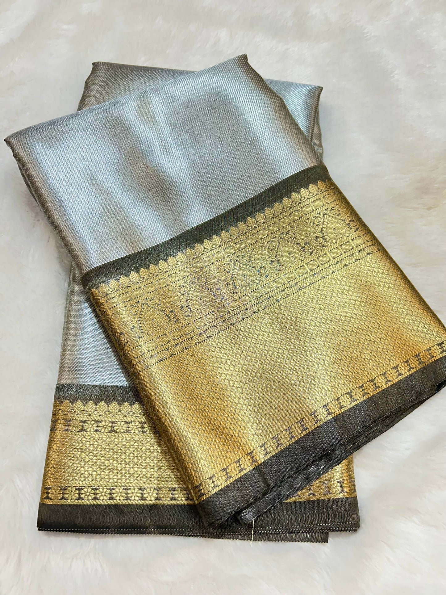 Silver Water Zari Tissue Saree with Rich Golden Border