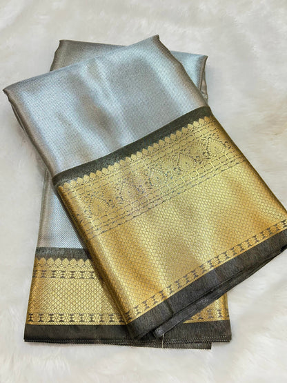 Silver Water Zari Tissue Saree with Rich Golden Border