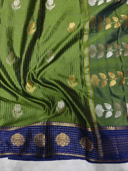 Premium Green Floral Zari Banarasi Katan Silk Saree with Royal Blue Border