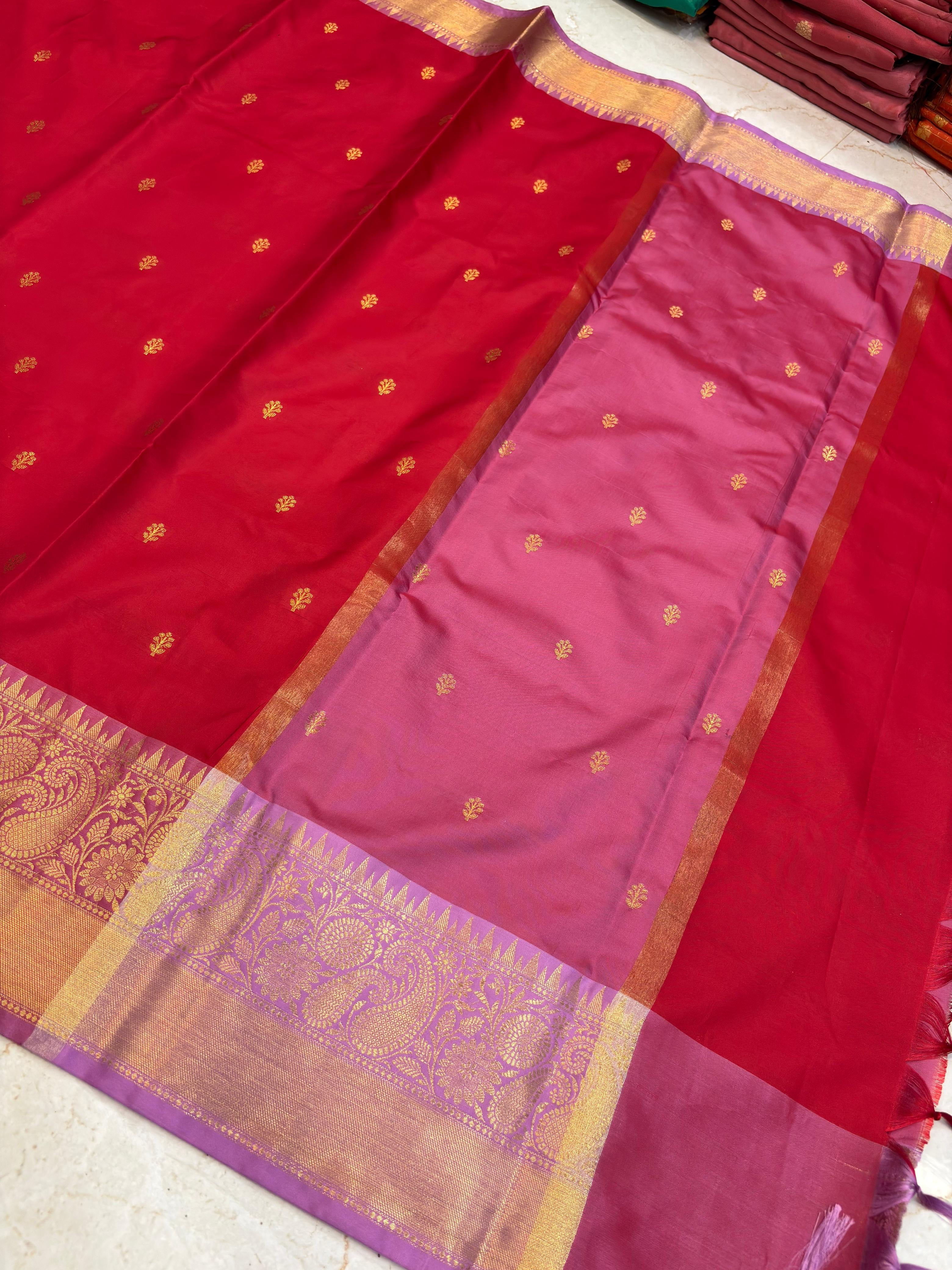 Elegant Red Katan Silk Banarasi Saree with Rich Meenakari Border