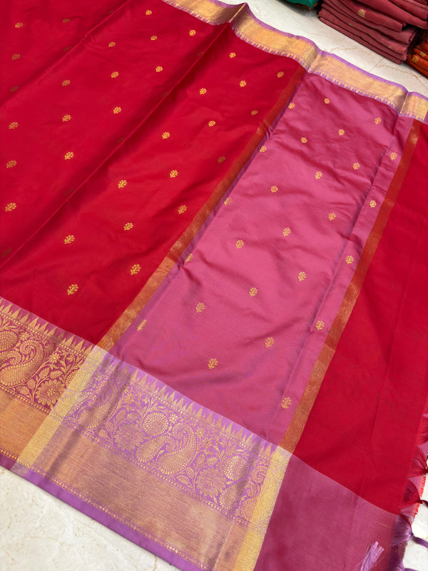 Elegant Red Katan Silk Banarasi Saree with Rich Meenakari Border