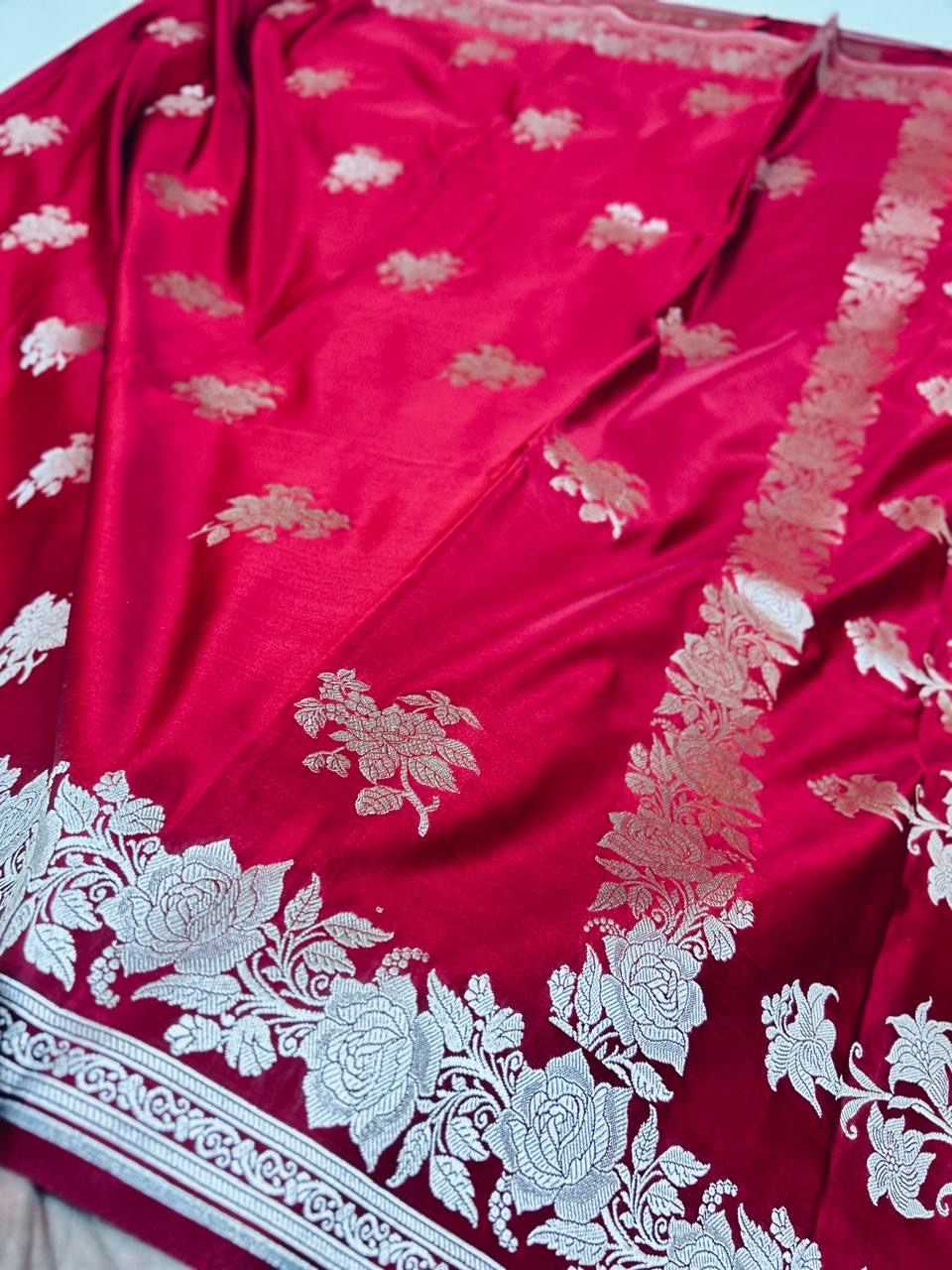 THE RICH & ELEGANT RANI RED BANARASI MASHROO KATAN SAREE