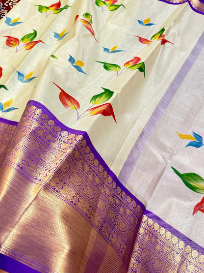🌸"Radiant Bloom" – Banarasi Premium Hand Brush Tissue Saree