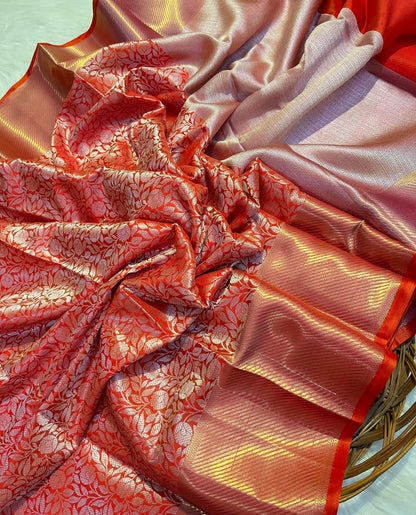 Graceful Red Banarasi Semi Katan Silk Saree with Silver Zari