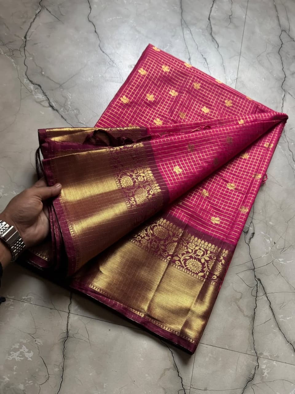 Rich Rani Pink Semi Katan Silk Banarasi Saree with Heavy Golden Zari Border & Buti Work