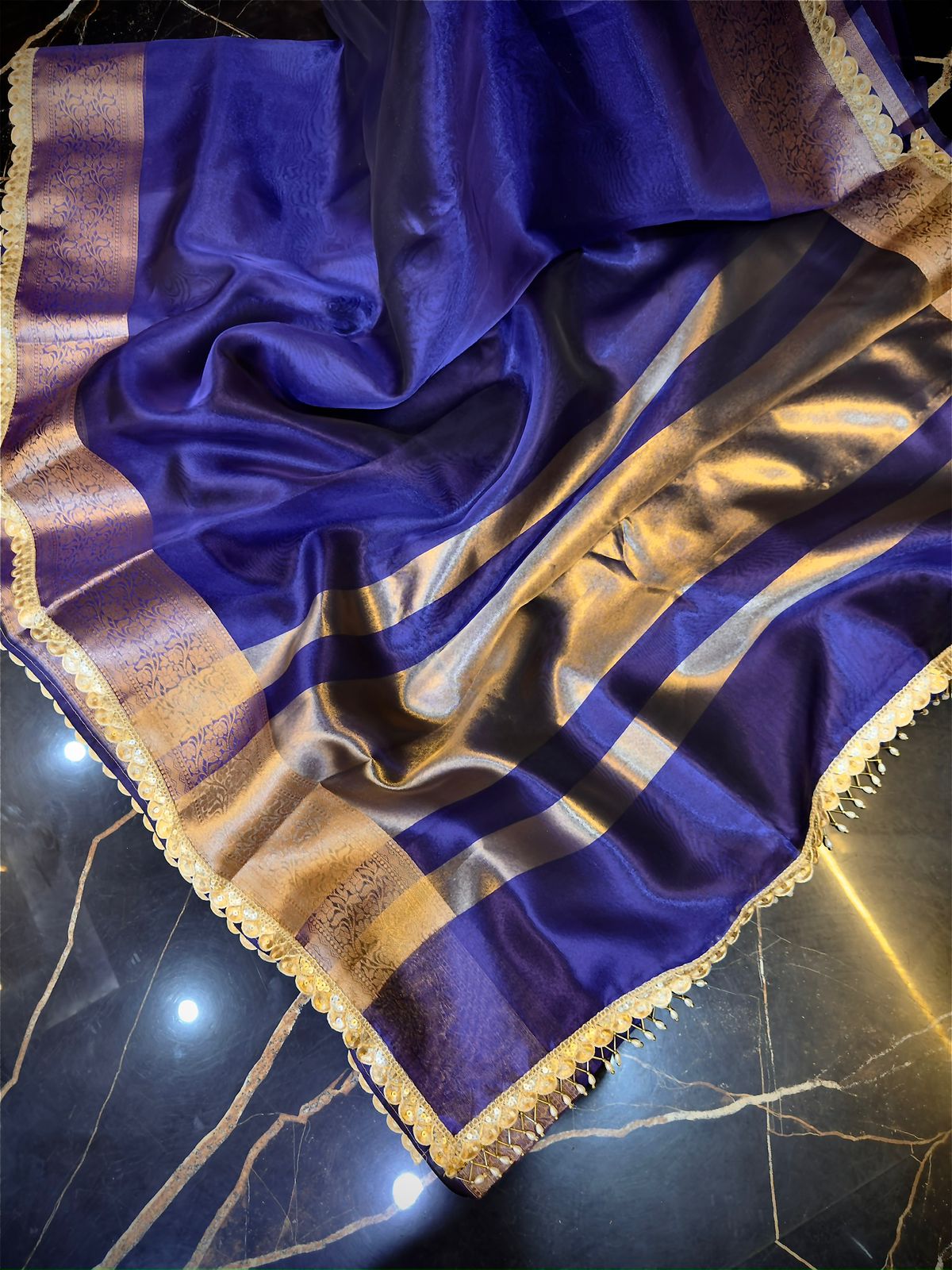 Royal Blue Tissue Attach Lace Work Banarasi Saree