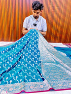 Premium Elegant Aqua Blue Mashroo Katan Banarasi Silk Saree