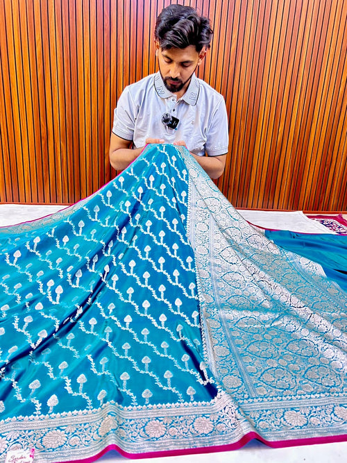 Premium Elegant Aqua Blue Mashroo Katan Banarasi Silk Saree