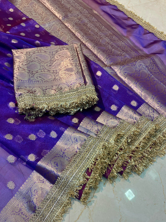 Royal Purple Banarasi Tissue Silk Saree with Heavy Golden Attach Fringe Border
