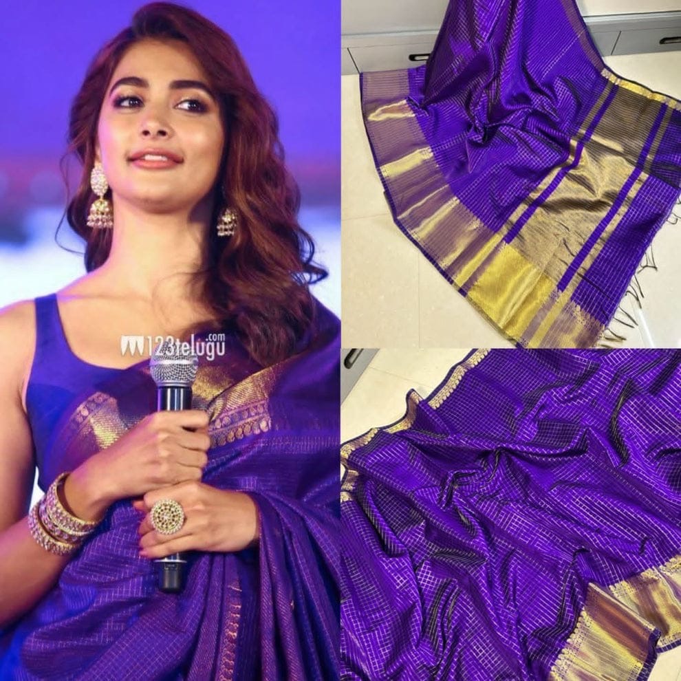 Celebrity Inspired Royal Purple Katan Silk Saree with Golden Zari Border & Checks