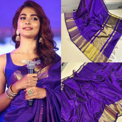 Celebrity Inspired Royal Purple Katan Silk Saree with Golden Zari Border & Checks
