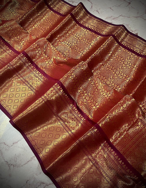 Elegant Copper Gold Banarasi Katan Silk Saree with Rich Zari Weaving & Brocade Blouse Piece