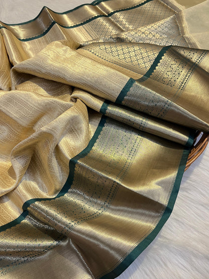 Golden Banarasi Semi Silk Saree with Green Contrast Border
