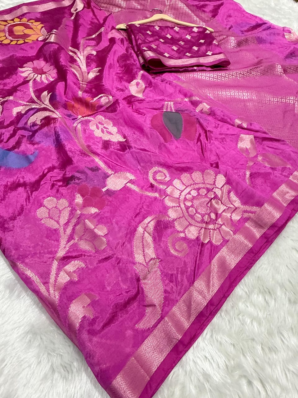 Rani Pink Chinniya Silk Saree with Floral Weaving | Wedding & Festive Saree