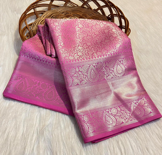 Graceful Pink Banarasi Semi Katan Silk Saree with Silver Zari