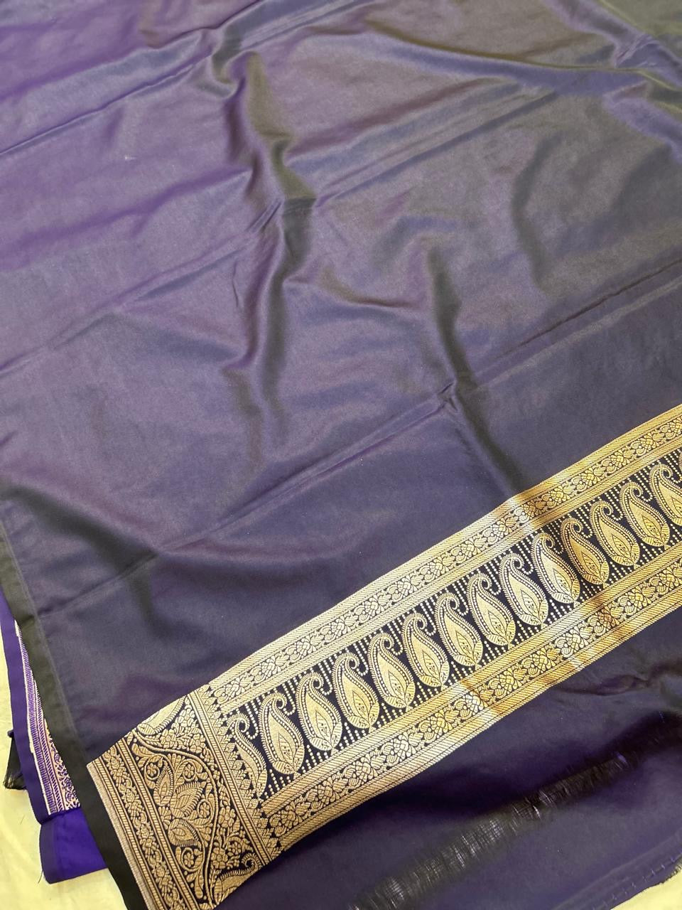 Royal Navy Blue Mashroo Katan Banarasi Silk Saree with Rich Silver Zari Floral Jaal & Grand Paisley Border