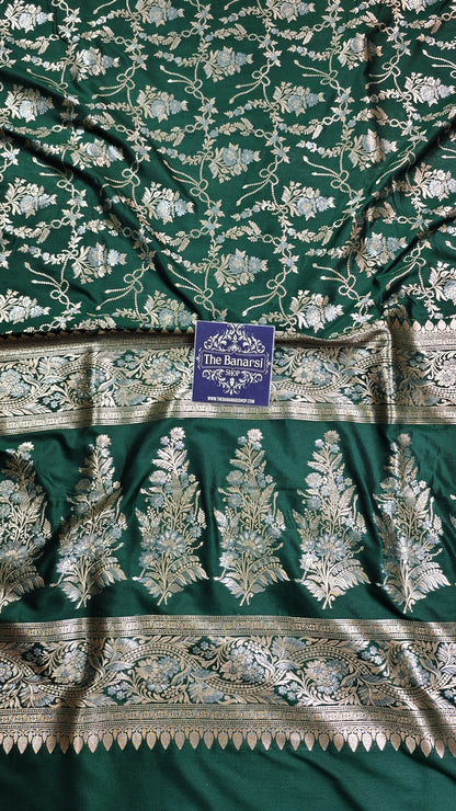 Handwoven Dark Green Katan Silk Saree with Floral Jaal Design