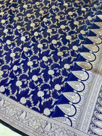 Royal Navy Blue Mashroo Katan Banarasi Silk Saree with Rich Silver Zari Floral Jaal & Grand Paisley Border
