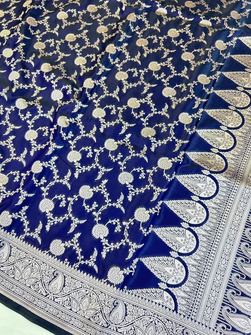 Royal Navy Blue Mashroo Katan Banarasi Silk Saree with Rich Silver Zari Floral Jaal & Grand Paisley Border