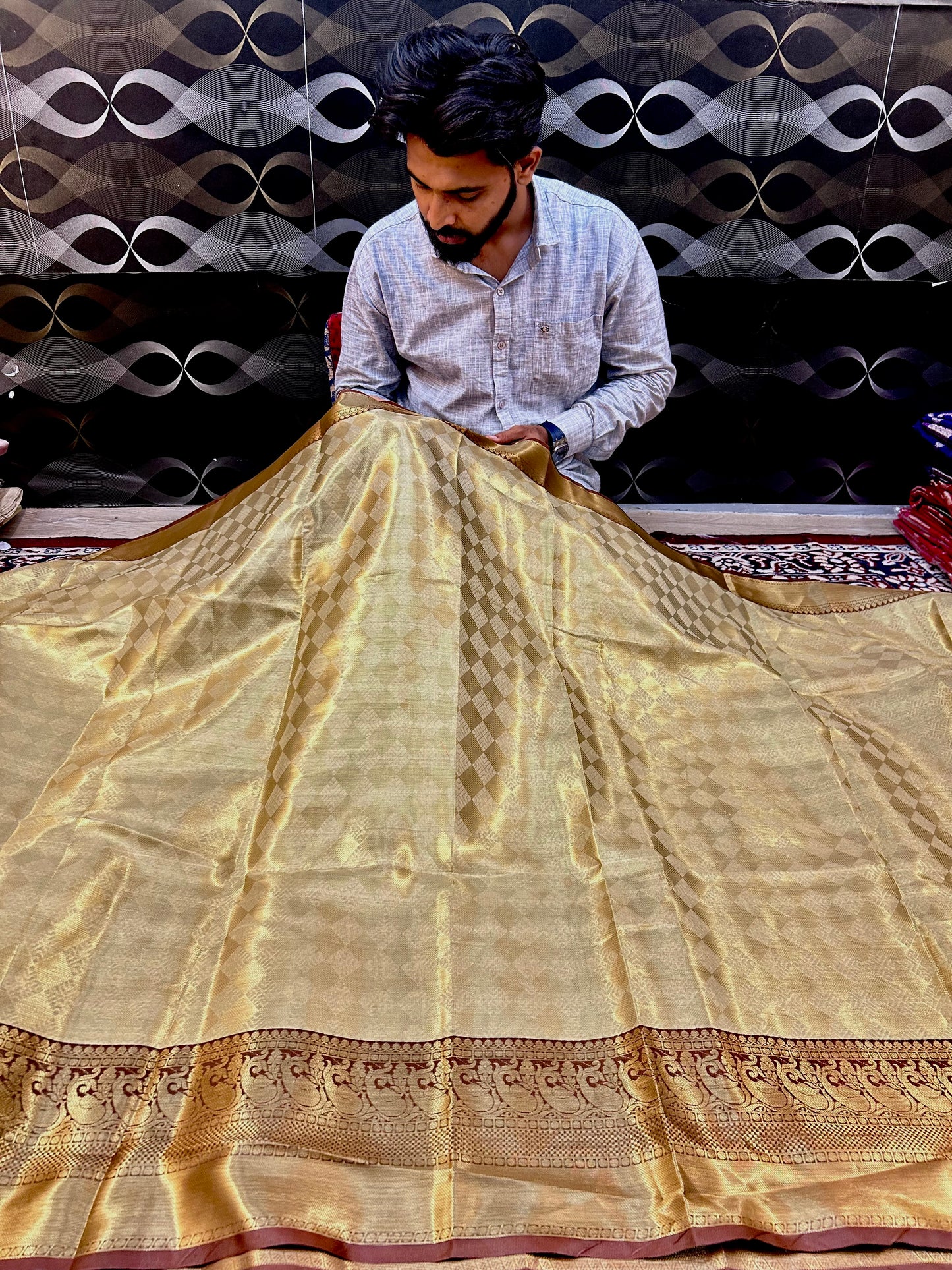 Golden Banarasi Katan Semi Silk Saree – Pooja Hegde Inspired Elegance